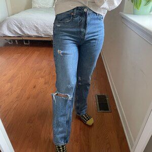 Free People Medium Wash Straight Leg Distressed Jeans